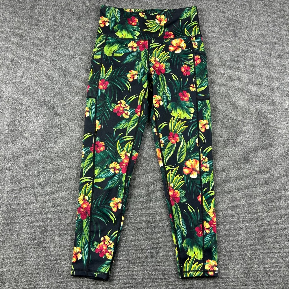 Ideology Leggings Womens Medium Black Tropical Floral High Waist Pocket Athletic